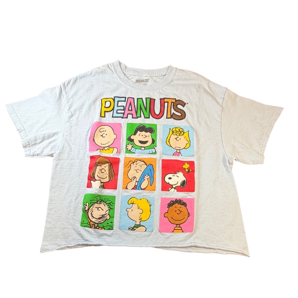 Peanuts Womens Graphic T-Shirt Light Blue Cropped Raw Hem Charlie Brown L K2 - Picture 2 of 6